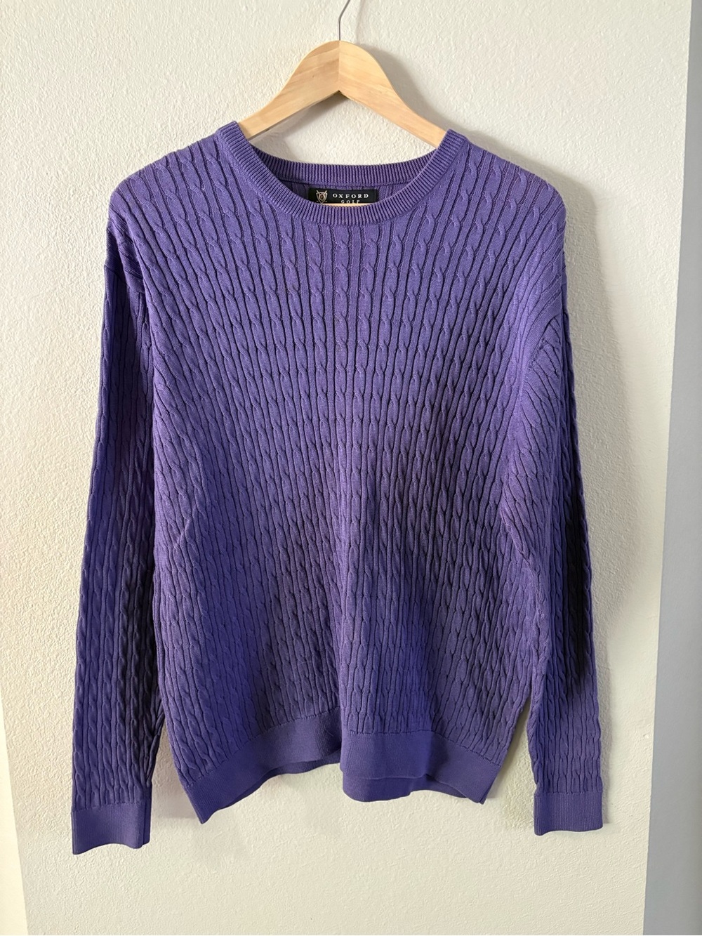 Preppy Purple Cotton Cable-Knit Oxford Golf Crew Sweatshirt Medium